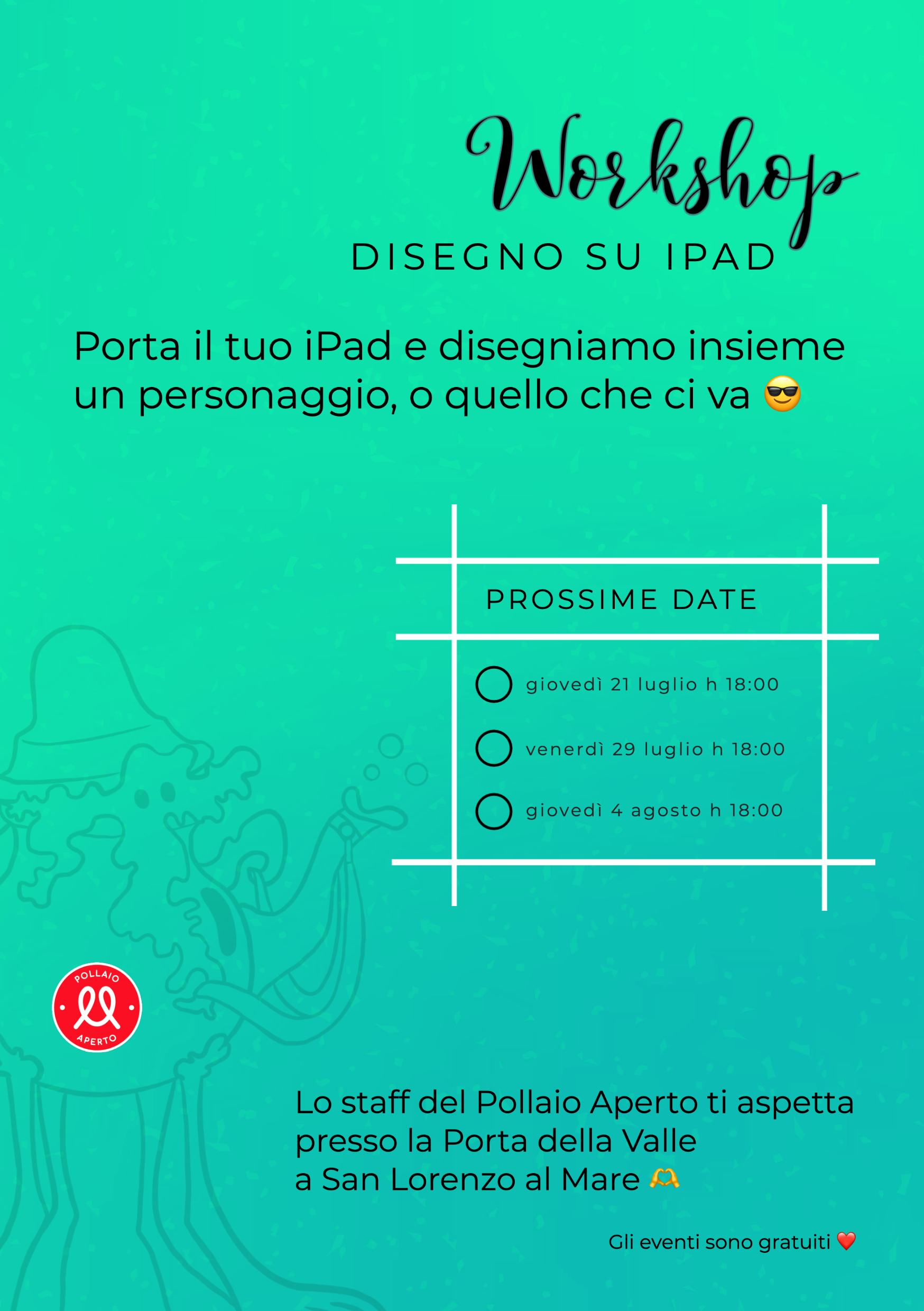 Locandina prossime date dei workshop di disegno su iPad a San Lorenzo al mare per l'estate 2022